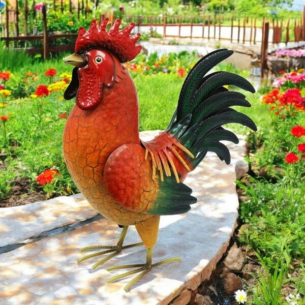 EDH Door Hardware Large Metal Red Cockerel (44cm x 16cm x 36cm) – Handcrafted Rustic Rooster Garden Ornament  Farmyard Statue