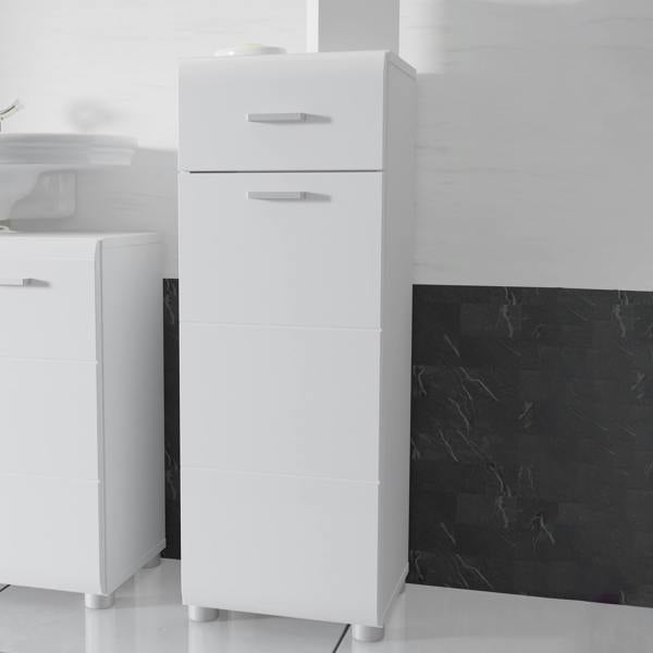 Furniture To Go Ice Cave Bathroom Storage Cupboard with 1 Door & 1 Drawer with Silver Handles in White with White High Gloss Door