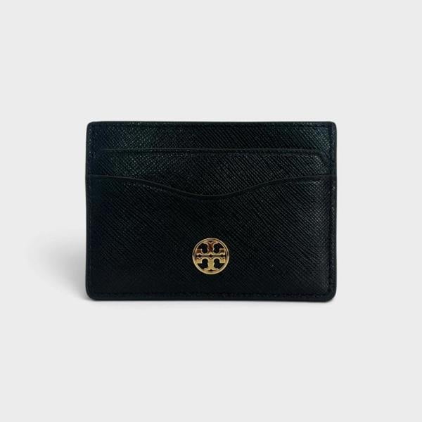 Supplied Fashion Tory Burch slim black leather card case with gold logo hardware and multiple card slots.
