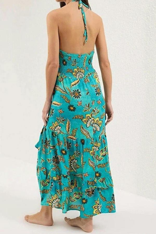 WOVCOR Patterned Woven Ruffled Maxi Beach Dress