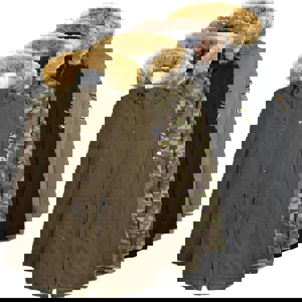 Lambretta Mens/Womens Carnaby Scooter Hooded Classic Mod Ska Badge Parka, collection of four stylish hooded parkas in tan, camouflage, black, and grey with faux fur trim and decorative patches.