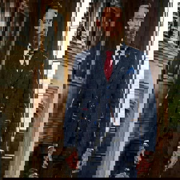 TruClothing TP-32 - Men's Navy Blue 3 Piece Wool Blend Tweed Suit