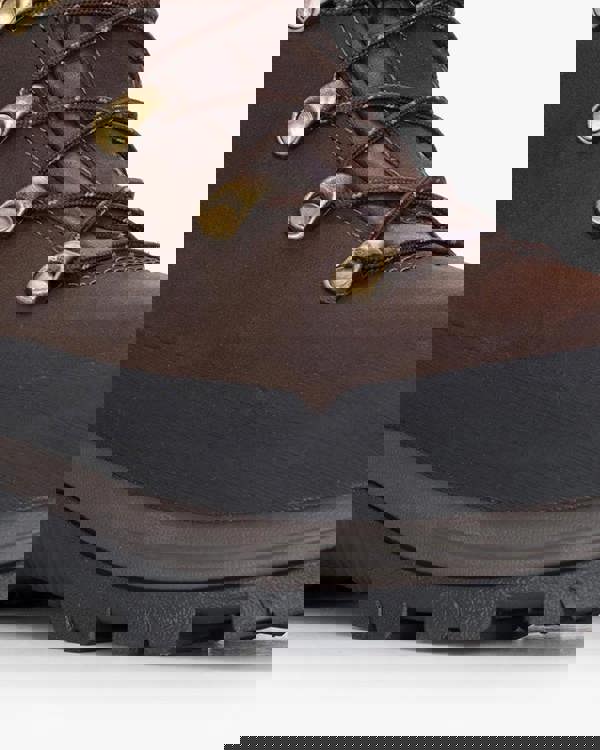 Hoggs of Fife Orchy Mens 8 Inch Country Hunter Shooting Boots, close-up of the brown leather boot with brass eyelets, lace-up design, and rugged sole for outdoor hunting.