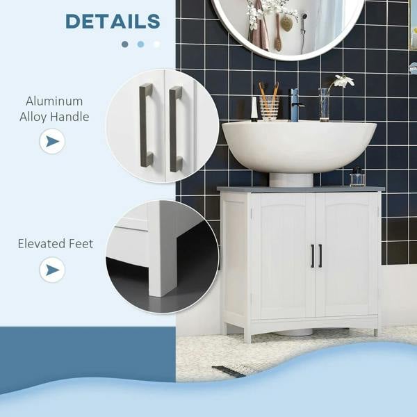 White cabinet front with metal pull handles and raised feet under double doors
