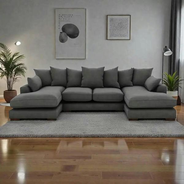 Snug Furniture Linea Plush Velvet U Shape Double Ended Sofa With Wide Footstool