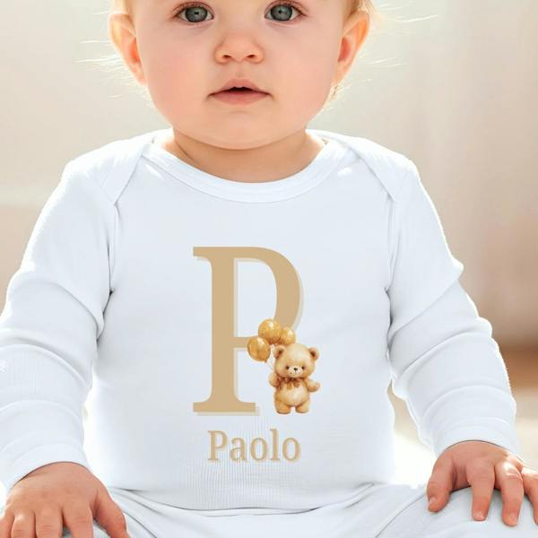 Personalised Beige Bear Baby Grow, Vest or Bib with Name