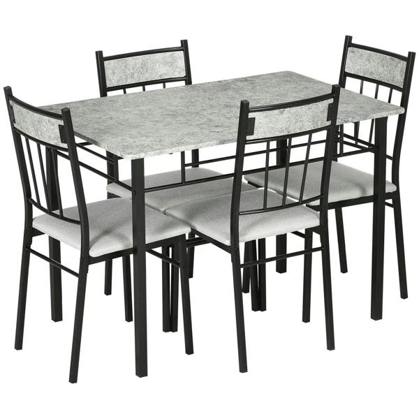 Marble-effect dining table set with dark frames and grey tabletop and chairs