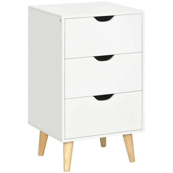 White bedside cabinet with three drawers and black curved cut-out handles