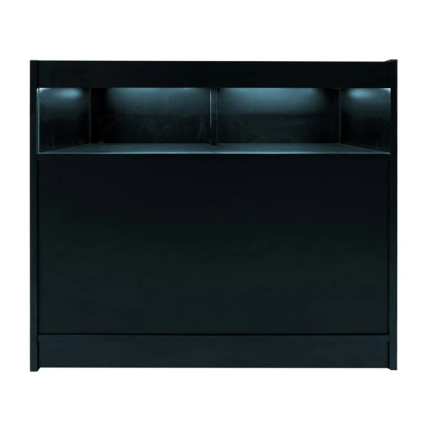 Sleek black LED retail shop counter B1200 featuring illuminated shelves, smooth finish, and modern design for stylish displays