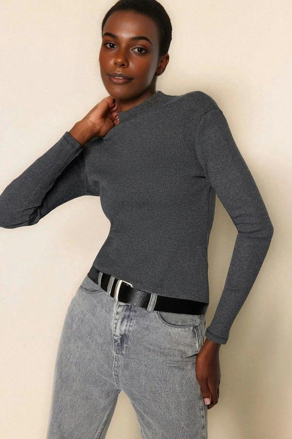WOVCOR Fitted Stand Collar Long Sleeve Ribbed Knit Blouse