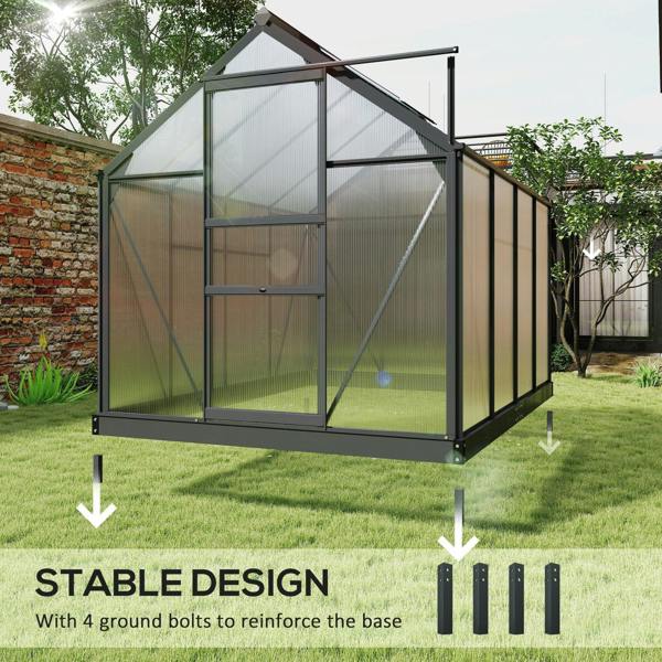 Walk-in greenhouse with grey frame and clear panels, raised base with ground bolts