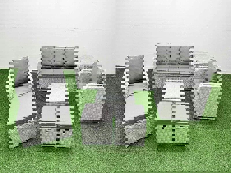 Fimous PE Rattan Garden Furniture Set Reclining Chair Sofa Lounge Sofa Set Square Coffee Table Side Table 3 Stools Light Grey