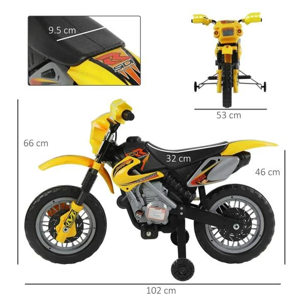 Yellow kids electric motorcycle with black seat; size diagram shows 102 cm length