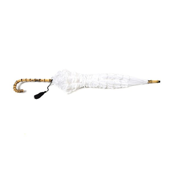 FiFi Frill with Tassell Pagoda White Wedding Umbrella Flat Lay Closed