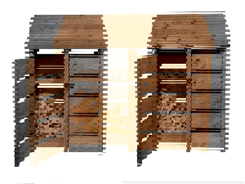 Arbor Garden Solutions Slatted Wooden Log Store with Door and Shelf W-146cm, H-126cm or 180cm, D-88cm - Brown Finish