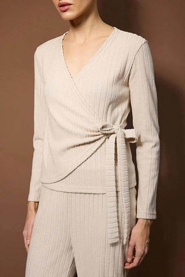 WOVCOR 2-Piece Ribbed Knit Pajama Set with Wrap-Around Tie Detail