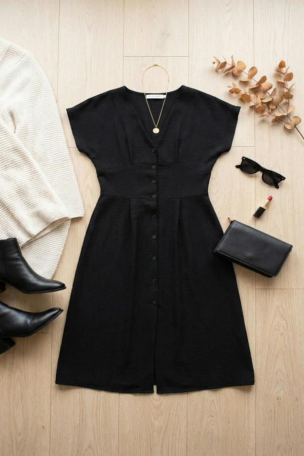 Reeva Button Down Cap Sleeve Midi Dress - Black
