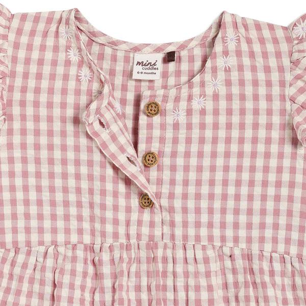 Mini Cuddles Baby Girls Checked Romper With Daisy Embroidery, Pink