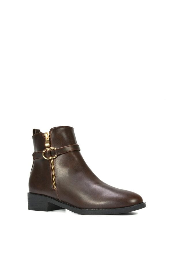 XY LONDON Flat Low Heel Ankle Booties With Decorative Buckle and Zip