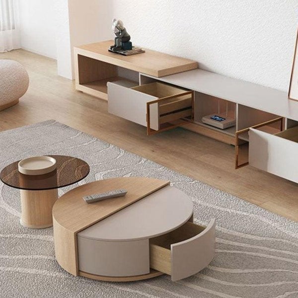 Ndre Nesting Revolving Coffee Table With Extendable TV Stand, Living Room Set-Weilai Concept-Weilai Concept
