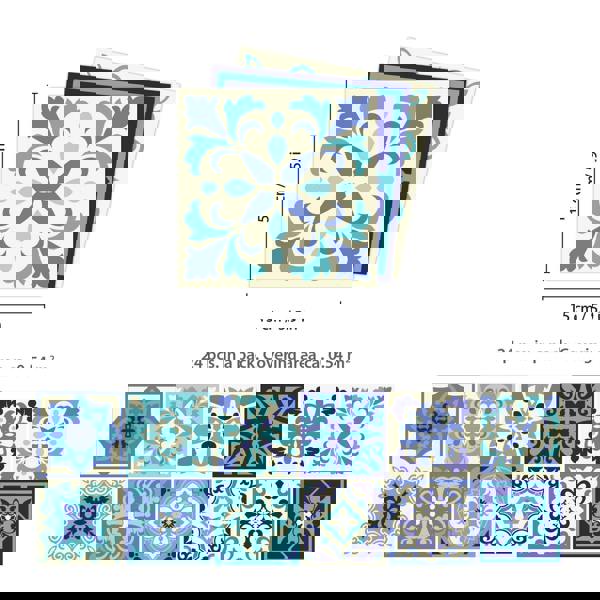 WALPLUS WT1567 - Daliah Blue and Turquoise Mediterranean Wall Tile Sticker Set - 15 cm x 15 cm - 24 pcs