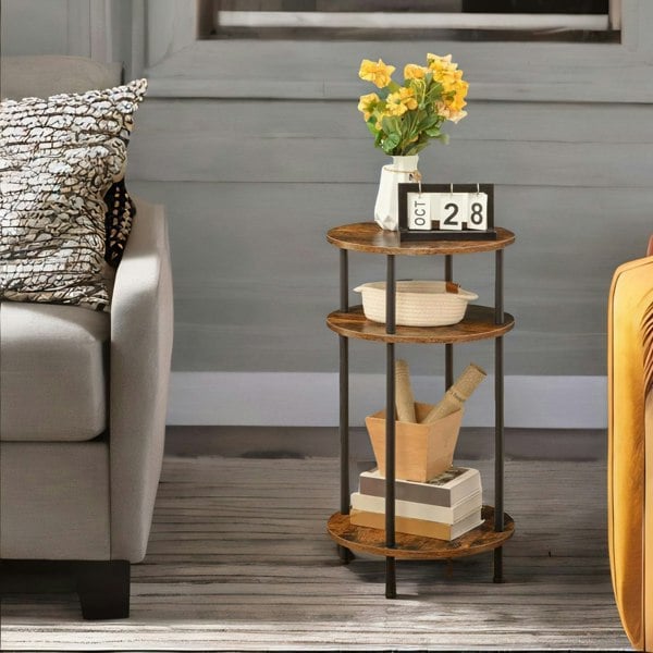 Rafaelo Mobilia Rustic Industrial 2 Tier Side Table with Shelves