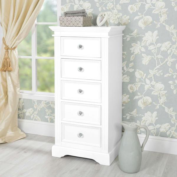 Statement Furniture Gainsborough White Tallboy with 5 Drawers and Crystal Handles