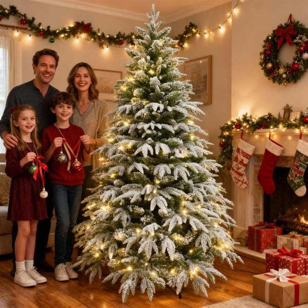 7Ft Pre-Lit Green Snow-Flocked Artificial Christmas Tree with Warm White LEDs and Metal Stand image 8