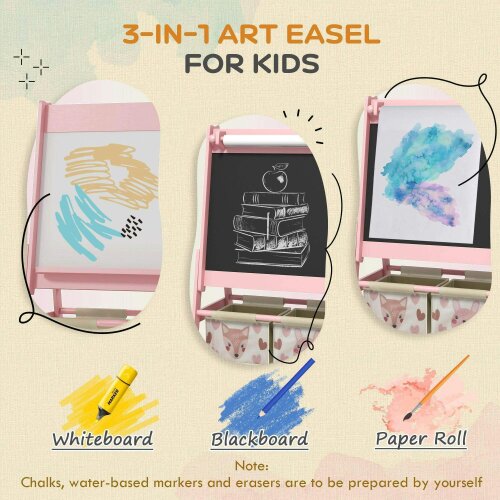Three-In-One Kids Easel with Paper Roll, Art Easel, with Storage - Pink