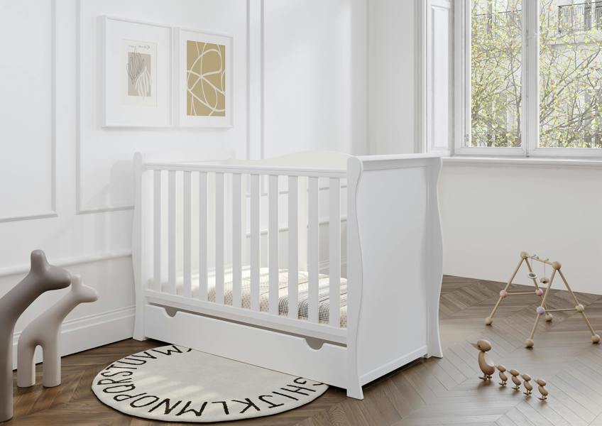 Viculii Willow Sleigh Mini Cot Bed White with Drawer and Mattress