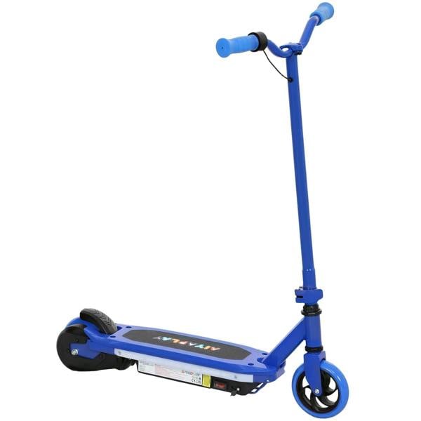 Blue electric scooter for kids with black grips, front wheel, and multicolor deck lights