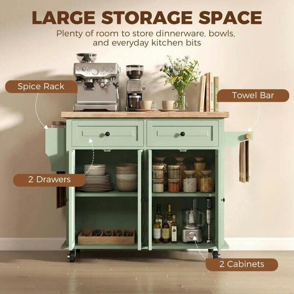 Rolling Kitchen Island Storage Trolley with Rubber Wood Top & Drawers for Dining Room, Light Green