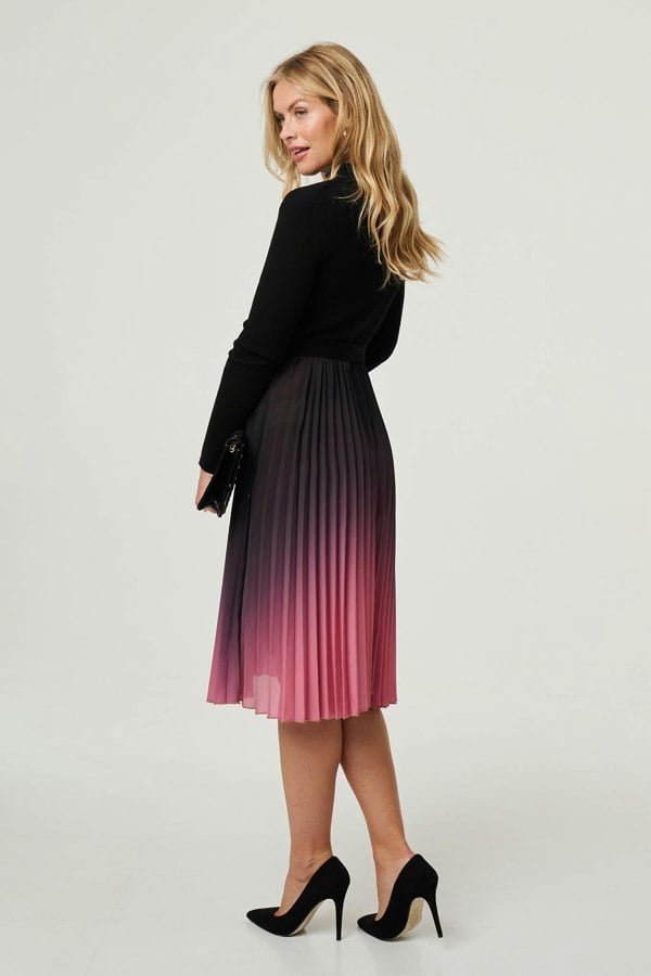 Black | Ombre Tie Waist Pleated Knit Midi Dress
