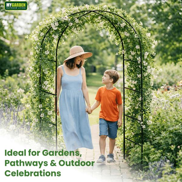 My Garden Outdoor Living Metal Garden Arch 2.4M, Florence Garden Arbour with Ground Stakes for Climbing Roses, Flowers & Plants, Indoor/Outdoor