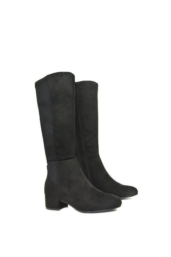 XY LONDON Low Block Heel Elasticated Calf Long Boots With Zip Fastening