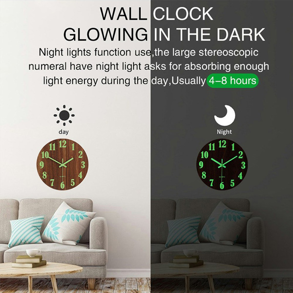 Living and Home 30cm Imitation Walnut Grain Luminous Arabic Numerals Wall Clock