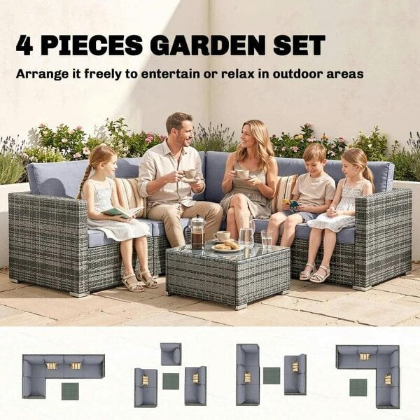 Bobobiy Luxury 5 Seater Rattan Garden Set, 4 Pieces Outdoor Patio Conversation Set with Wide Seats, 220gsm Polyester Cushions, Grey