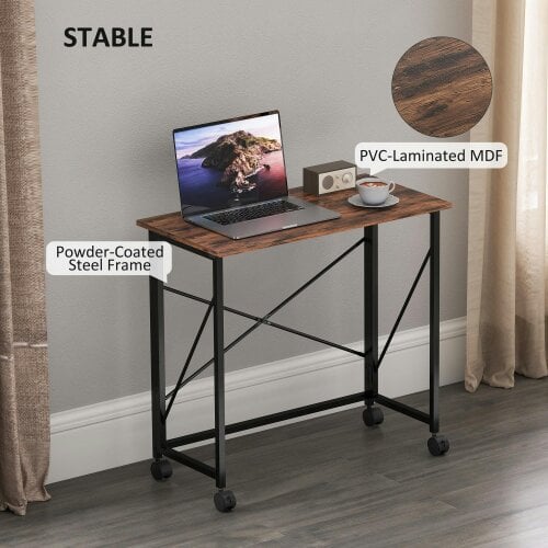 Wyld Haus Maco 80cm Wooden Rustic Brown Folding Desk On Lockable Wheels