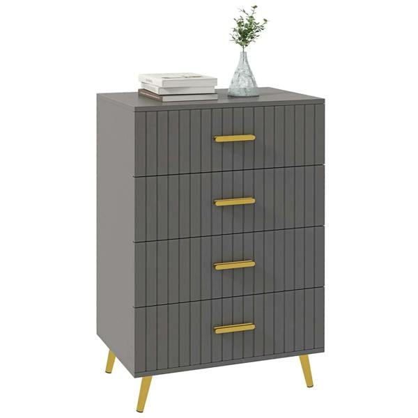 Dark grey 4-drawer dresser with embossed vertical lines and gold-tone bar handles, on legs