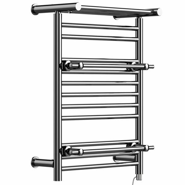 MYHOMEWARE 490mm Wide Electric Chrome Heated Towel Rail Radiator Top Shelf & Two Towel Holder OSLO For Bathroom - Manual Electric Element