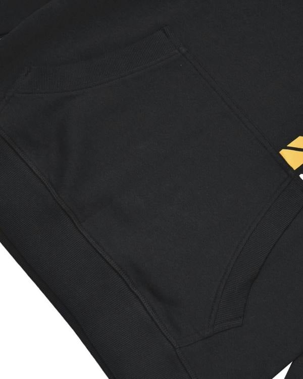 Lambretta Mens Racing Stripe Pull Over Sweatshirt Hooded Hoodie, close-up of black fabric with a printed logo on the front pocket.