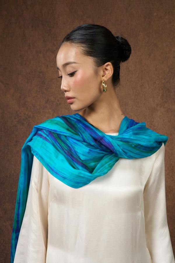 Peacock Blue Brushstroke Silk Scarf – Hand-Dyed Mulberry Silk, Statement & Evening Wrap
