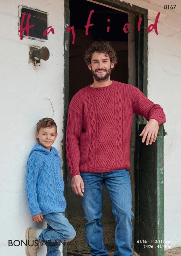 Hayfield Bonus Aran Knitting Pattern 8167, Hoodies, Sweaters for Kids, Men, 24 - 46 Inches & 61 - 117 cm