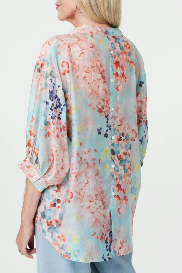 Blue | Floral 3/4 Sleeve Button Front Shirt