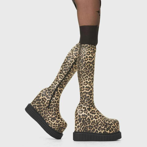 Lamoda You're Wild Brown Leopard Chunky Platform Creeper Knee High Boots
