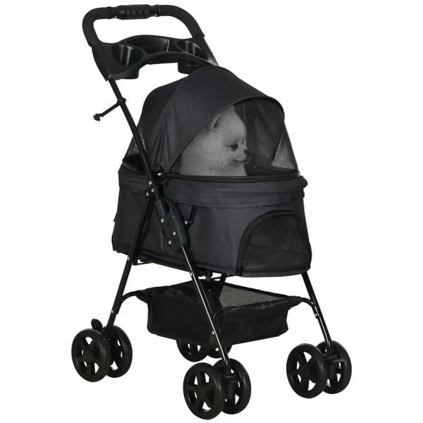 Black foldable dog stroller with canopy and mesh sides, four wheels and safety leashes