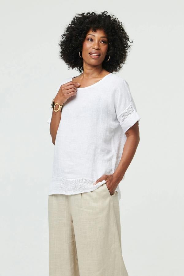 White | Relaxed Mesh Trim 1/2 Sleeve Top