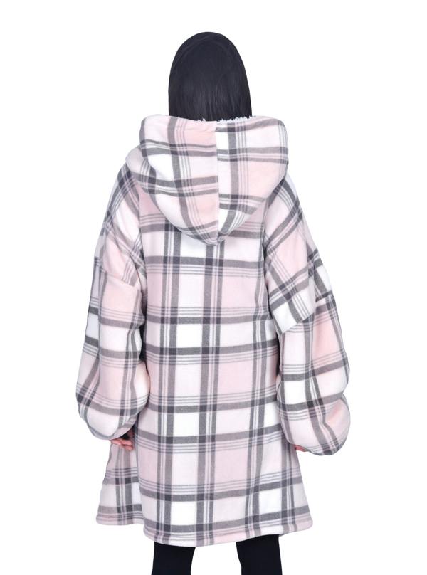 Smart Living Ladies Check Plush Teddy Blanket Hoodie - Pink