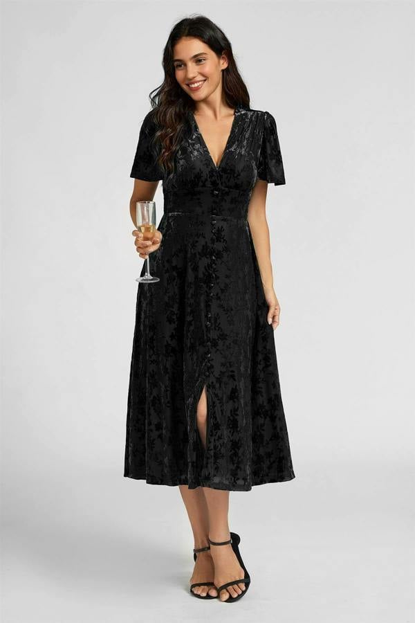 FS Collection Floral Velvet Devore V neckline Dress In Black
