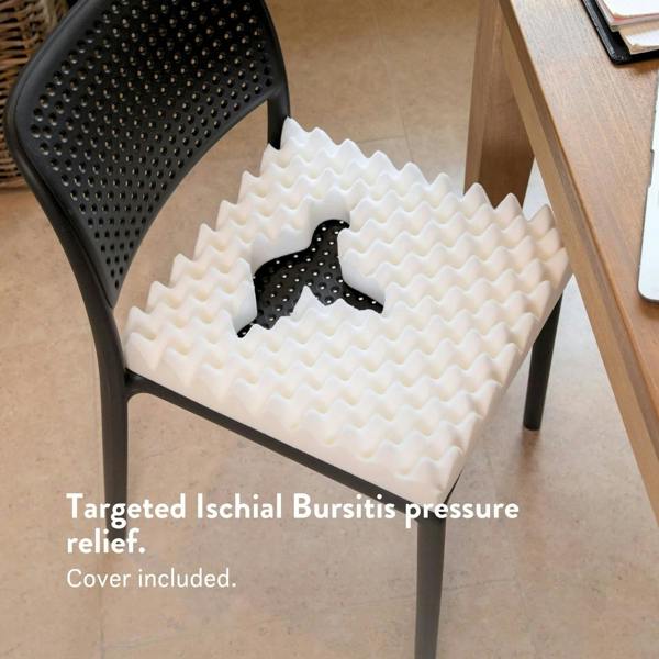 Ischial Bursitis Cushion for pressure relief and comfort- cut out discreet with cover. Handmade in the UK. 2 Year guarantee.